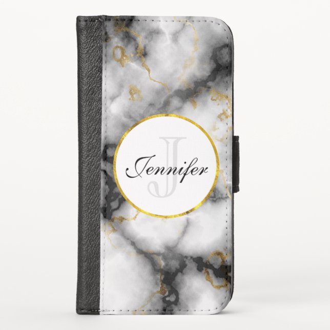Modern White Gray Marble with Gold Ribbon Monogram iPhone Wallet Case (Front)