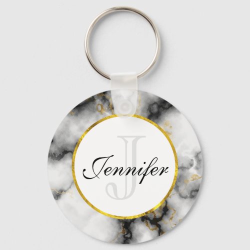 Modern White Gray Marble with Gold Ribbon Monogram Keychain