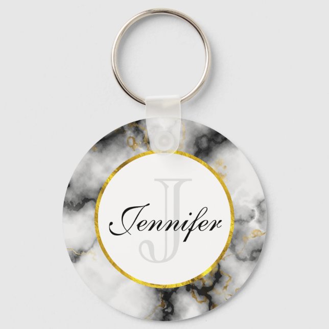 Modern White Gray Marble with Gold Ribbon Monogram Keychain (Front)