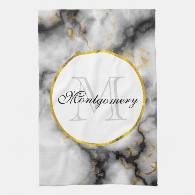 Modern White Gray Marble with Gold Ribbon Monogram Kitchen Towel (Vertical)