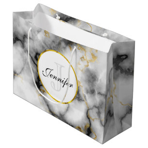 Modern White Gray Marble with Gold Ribbon Monogram Large Gift Bag