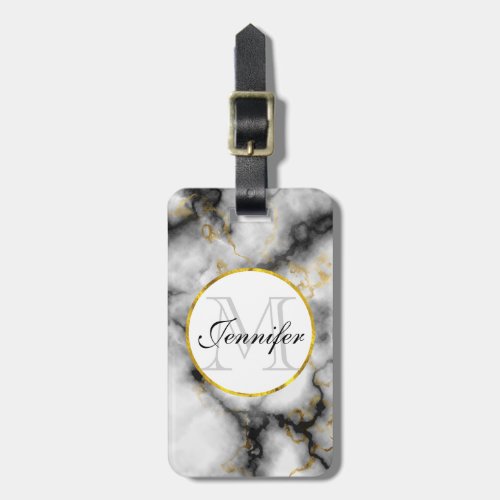 Modern White Gray Marble with Gold Ribbon Monogram Luggage Tag
