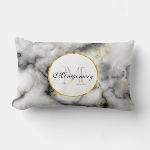 Modern White Gray Marble with Gold Ribbon Monogram Lumbar Pillow