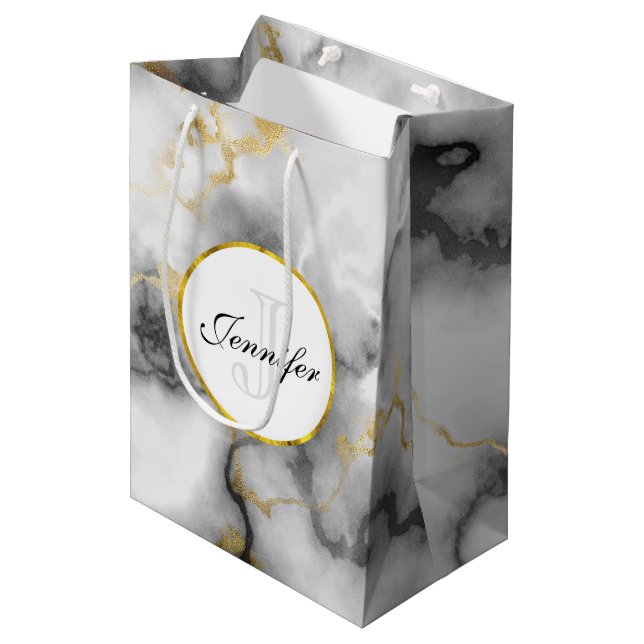 Modern White Gray Marble with Gold Ribbon Monogram Medium Gift Bag (Front Angled)