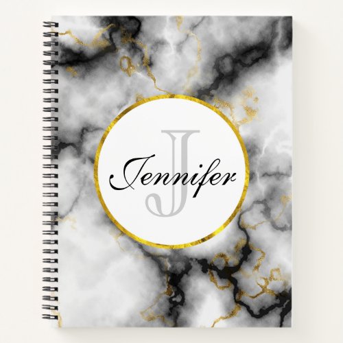 Modern White Gray Marble with Gold Ribbon Monogram Notebook