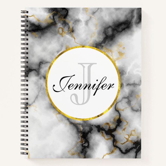 Modern White Gray Marble with Gold Ribbon Monogram Notebook (Front)