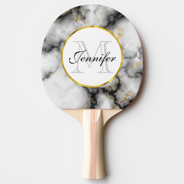 Modern White Gray Marble with Gold Ribbon Monogram Ping Pong Paddle (Front)