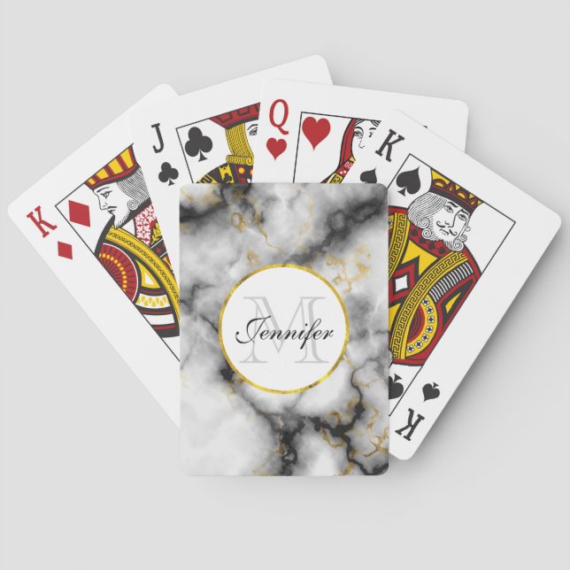 Modern White Gray Marble with Gold Ribbon Monogram Poker Cards (Back)