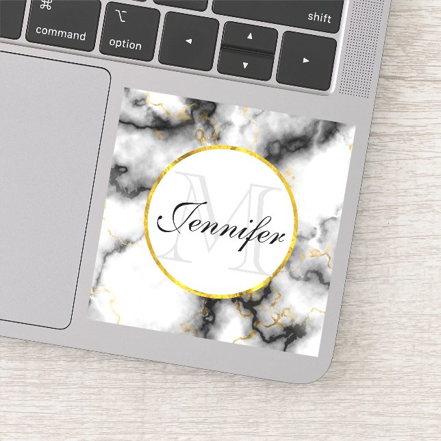 Modern White Gray Marble with Gold Ribbon Monogram Sticker (Detail)