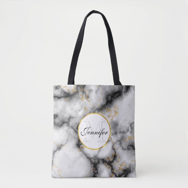 Modern White Gray Marble with Gold Ribbon Monogram Tote Bag (Front)