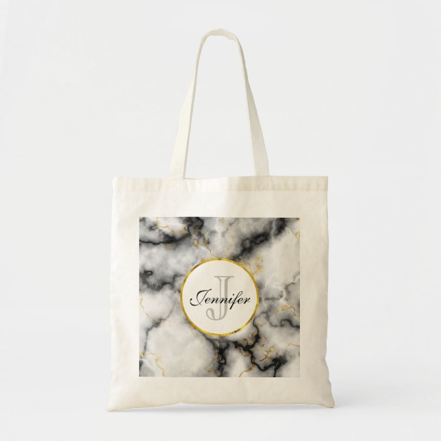 Modern White Gray Marble with Gold Ribbon Monogram Tote Bag (Front)