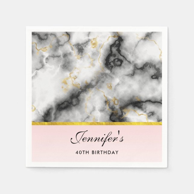 Modern White Gray Marble with Gold Ribbon Napkins (Front)