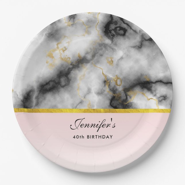 Modern White Gray Marble with Gold Ribbon Paper Plates (Front)