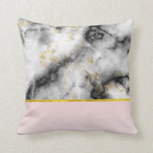 Modern White Gray Marble with Gold Ribbon Throw Pillow