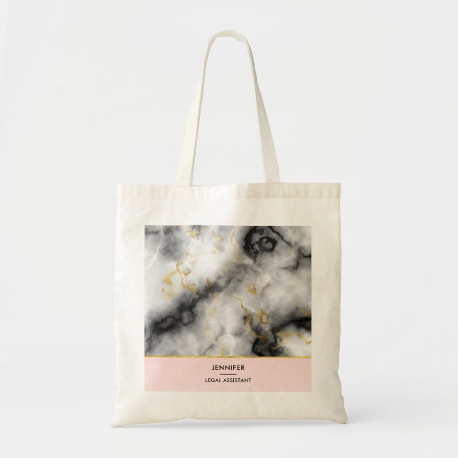 Modern White Gray Marble with Gold Ribbon Tote Bag (Front)