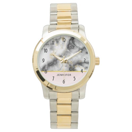 Modern White Gray Marble with Gold Ribbon Watch