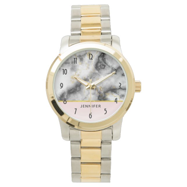 Modern White Gray Marble with Gold Ribbon Watch (Front)