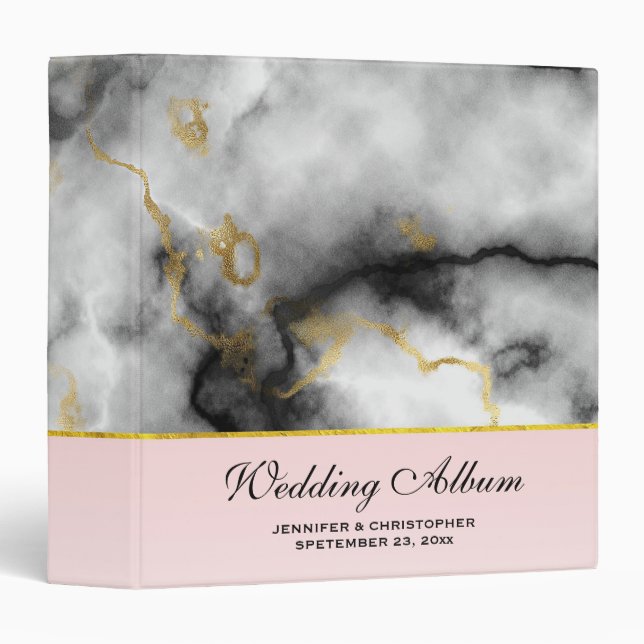 Modern White Gray Marble with Gold Ribbon Wedding 3 Ring Binder (Front/Spine)