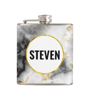 Modern White Gray Marble with Gold Ribbon Wedding Flask