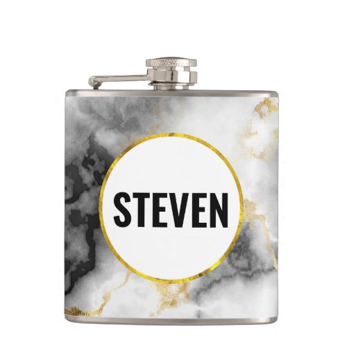Modern White Gray Marble with Gold Ribbon Wedding Flask