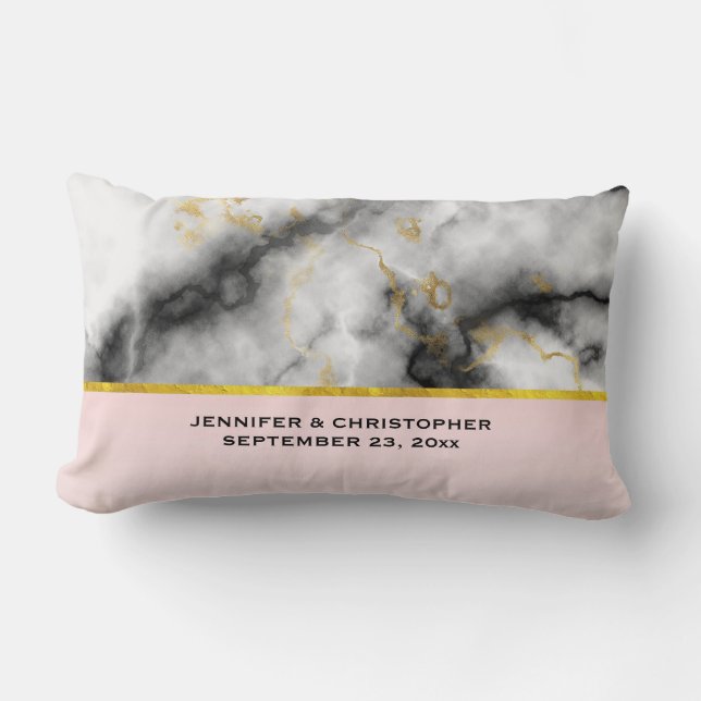 Modern White Gray Marble with Gold Ribbon Wedding Lumbar Pillow (Front)