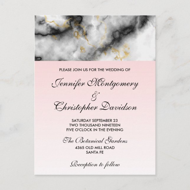 Modern White Gray Marble with Gold Ribbon Wedding Postcard (Front)