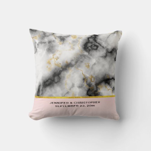 Modern White Gray Marble with Gold Ribbon Wedding Throw Pillow