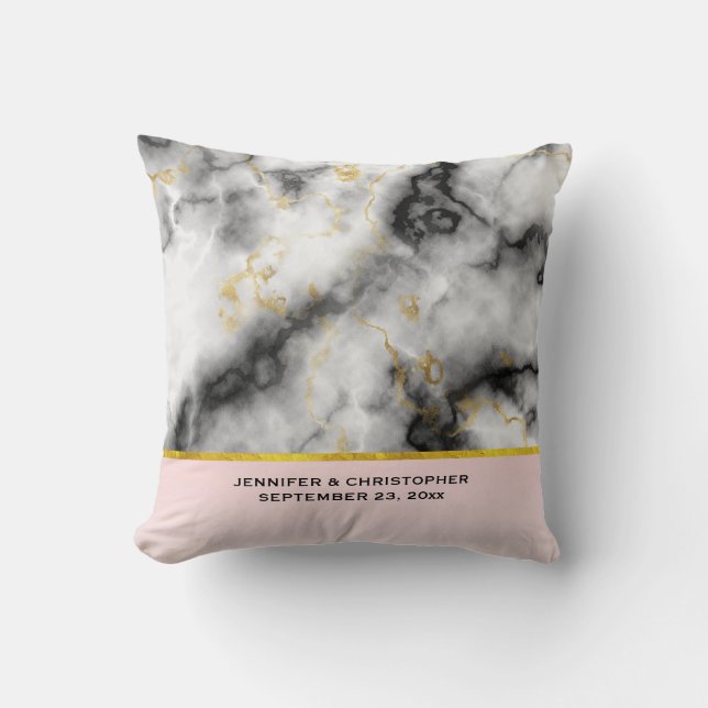 Modern White Gray Marble with Gold Ribbon Wedding Throw Pillow (Front)