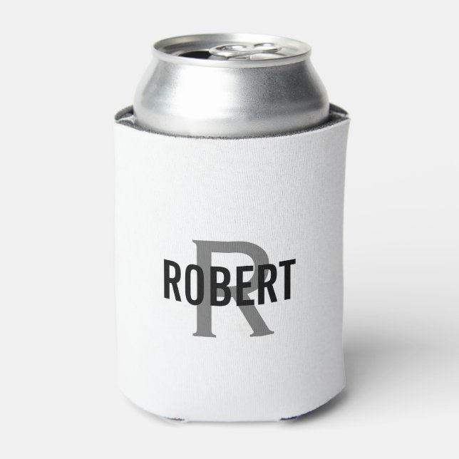 Modern white gray monogram name can cooler (Can Front)