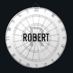 Modern white gray monogram name dart board<br><div class="desc">Modern white dart board with a black typography name and gray monogram. Personalize with name and initial.</div>