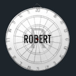 Modern white gray monogram name dart board<br><div class="desc">Modern white dart board with a black typography name and gray monogram. Personalize with name and initial.</div>