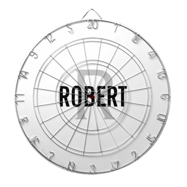 Modern white gray monogram name dart board (Front)