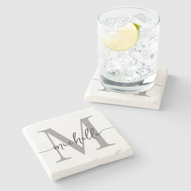 Modern White Gray Monogram Name Elegant Script Stone Coaster (Side)