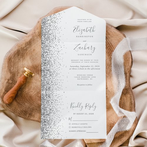 Modern White Gray Silver Glitter Wedding All In One Invitation