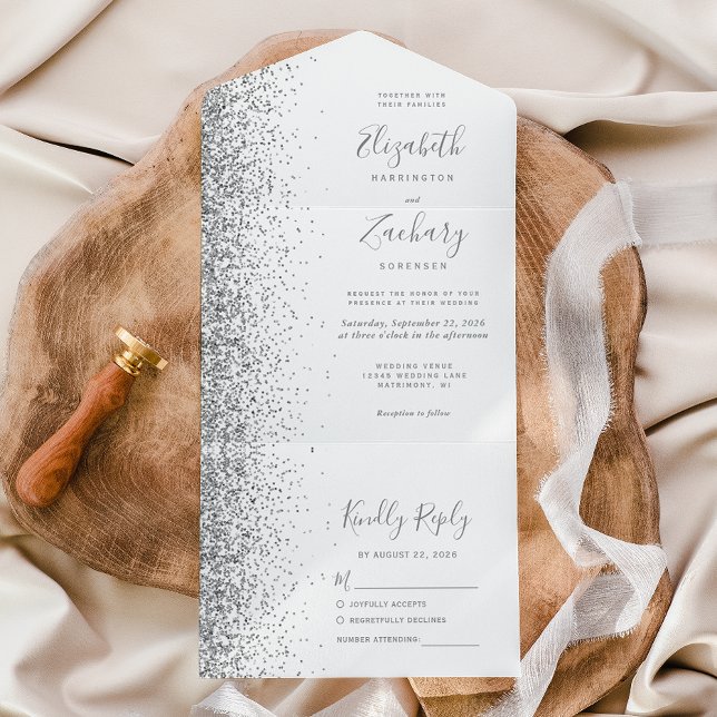 Modern White Gray Silver Glitter Wedding All In One Invitation (Creator Uploaded)
