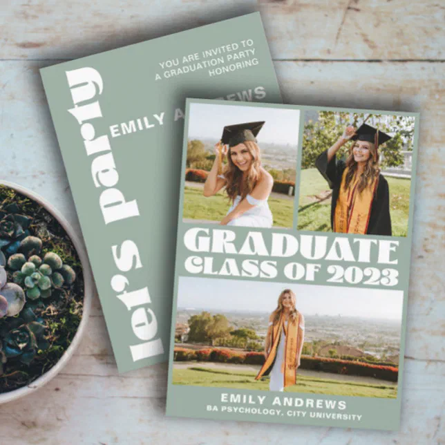 Modern White & Green 3 Photo Grad Party Invitation | Zazzle