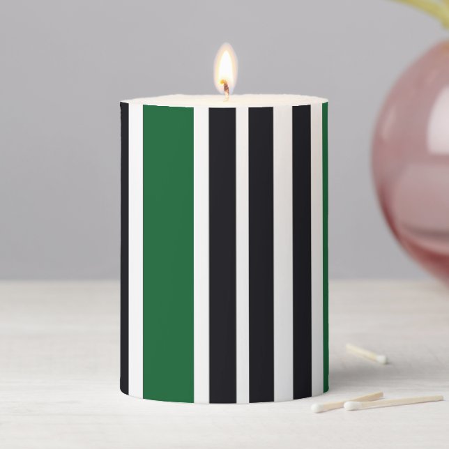 Modern White Green Black Classic Striped Art Form Pillar Candle (In Situ)