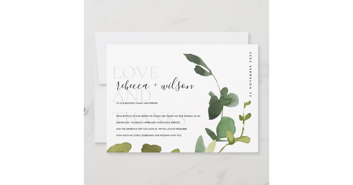 MODERN WHITE GREEN EUCALYPTUS FOLIAGE WATERCOLOR THANK YOU CARD | Zazzle