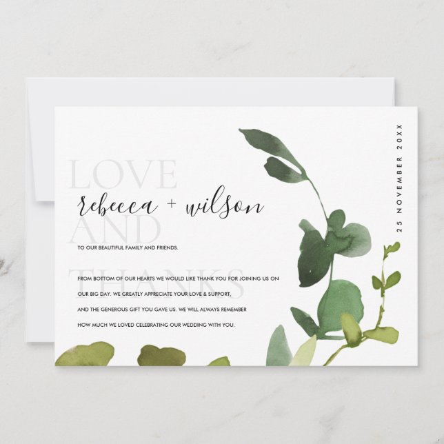 MODERN WHITE GREEN EUCALYPTUS FOLIAGE WATERCOLOR THANK YOU CARD (Front)