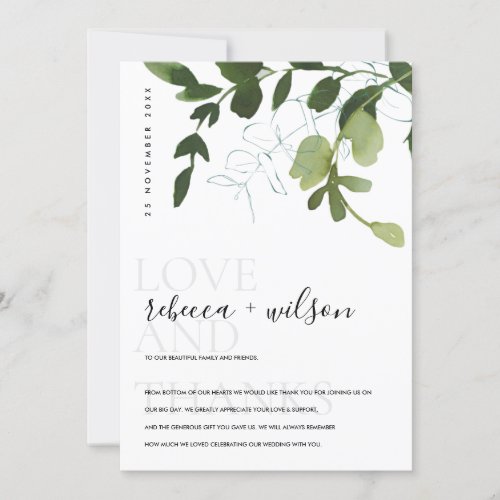 MODERN WHITE GREEN EUCALYPTUS FOLIAGE WATERCOLOR THANK YOU CARD