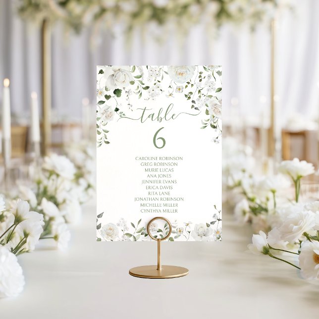 Modern White Green Floral Wedding Table Number (Creator Uploaded)