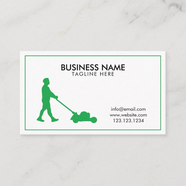 Modern White & Green Landscaper Lawn Care Service Business Card (Front)