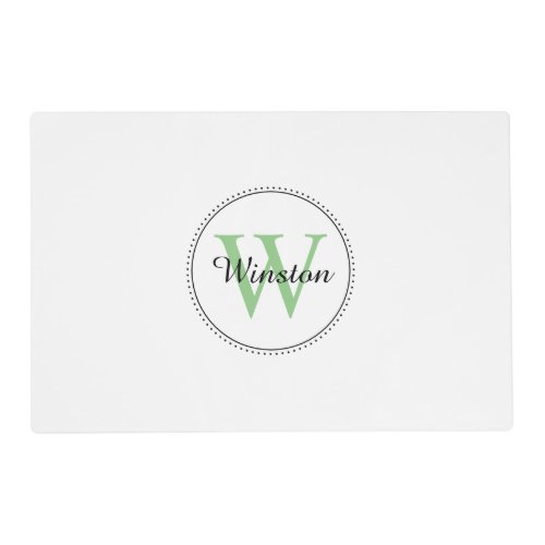 Modern White Green Personalized Monogram Name Pet Placemat