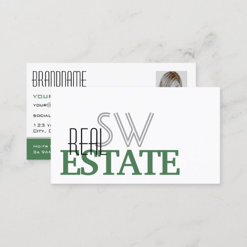 Modern White Green Stylish with Monogram and Photo Business Card