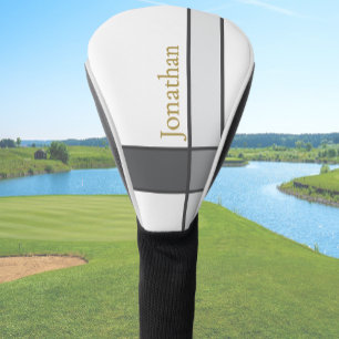 Modern white grey and gold minimalist custom name golf head cover