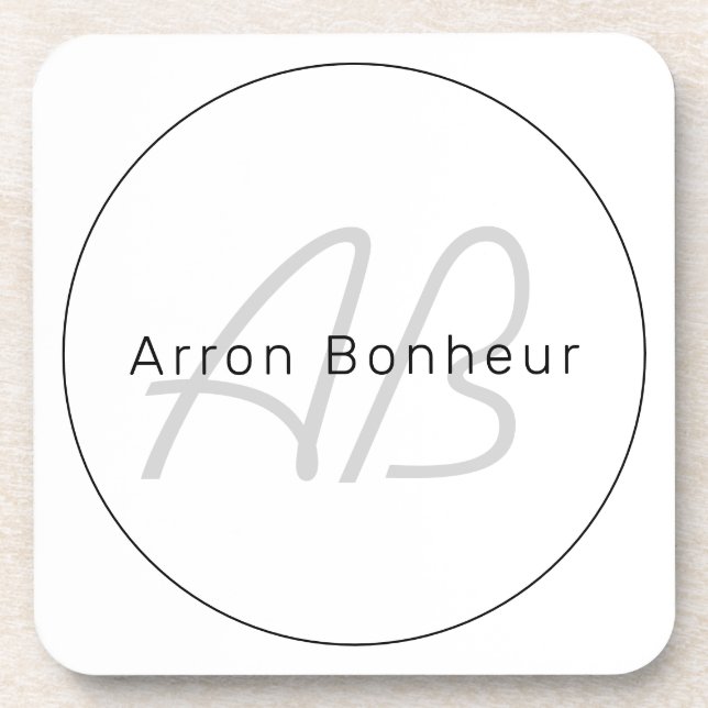Modern White Grey & Black | Cool Name & Monogram Beverage Coaster (Front)