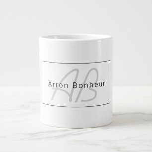 Modern White Grey & Black   Cool Name & Monogram Giant Coffee Mug