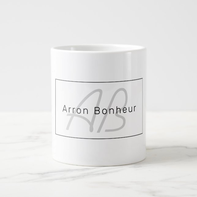 Modern White Grey & Black | Cool Name & Monogram Giant Coffee Mug (Front)