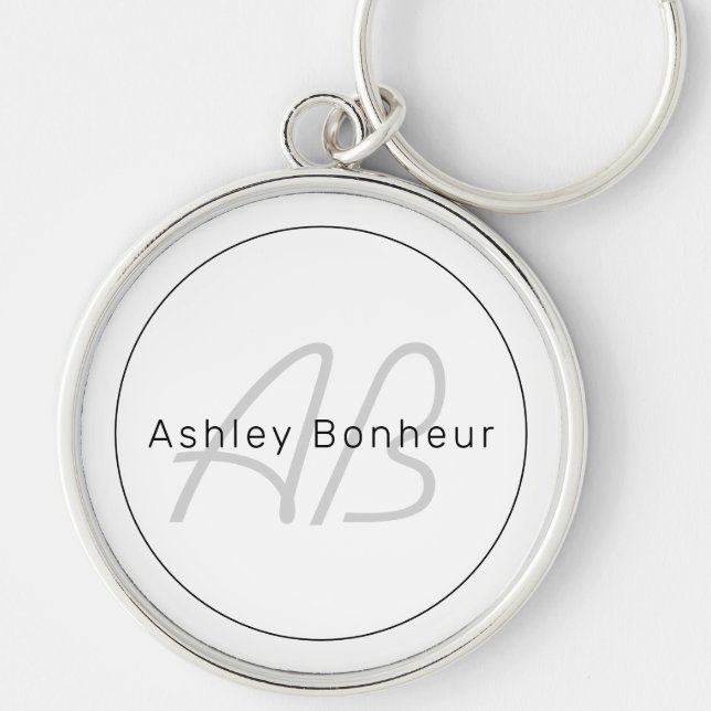 Modern White Grey & Black | Cool Name & Monogram Keychain (Front)