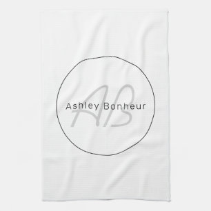Modern White Grey & Black Cool Name & Monogram Kitchen Towel